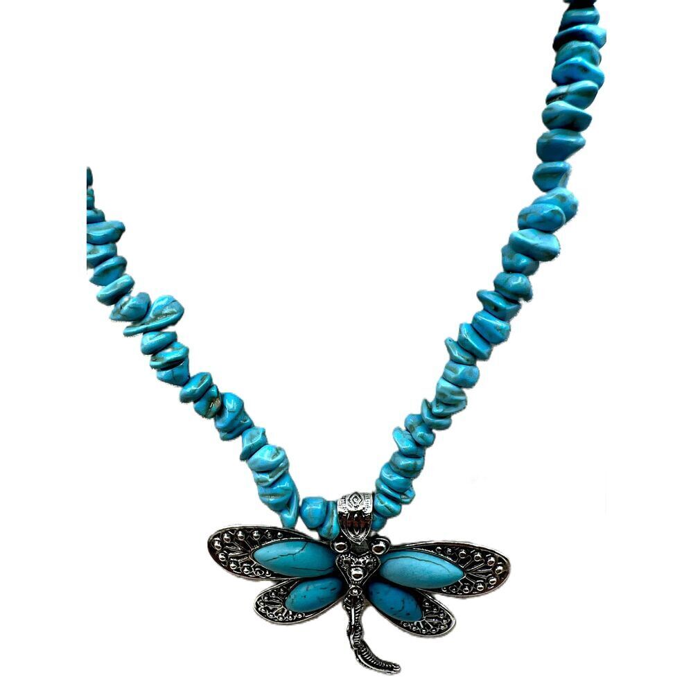 NWOT Turquoise Stones Dragonfly Pendant Beaded Necklace - Picture 2 of 10